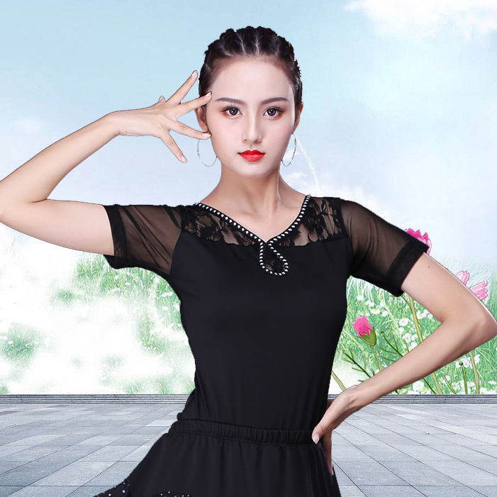 气质蕾丝圆领配水滴短袖拉丁舞服上装女士成人夏黑色跳舞蹈练功服在类目 运动/瑜伽/健身/球迷用品, 舞蹈/健美操/体操, 拉丁舞, 拉丁舞上装中 - 来自Buy2taobao.com提供专业的淘宝代购服务