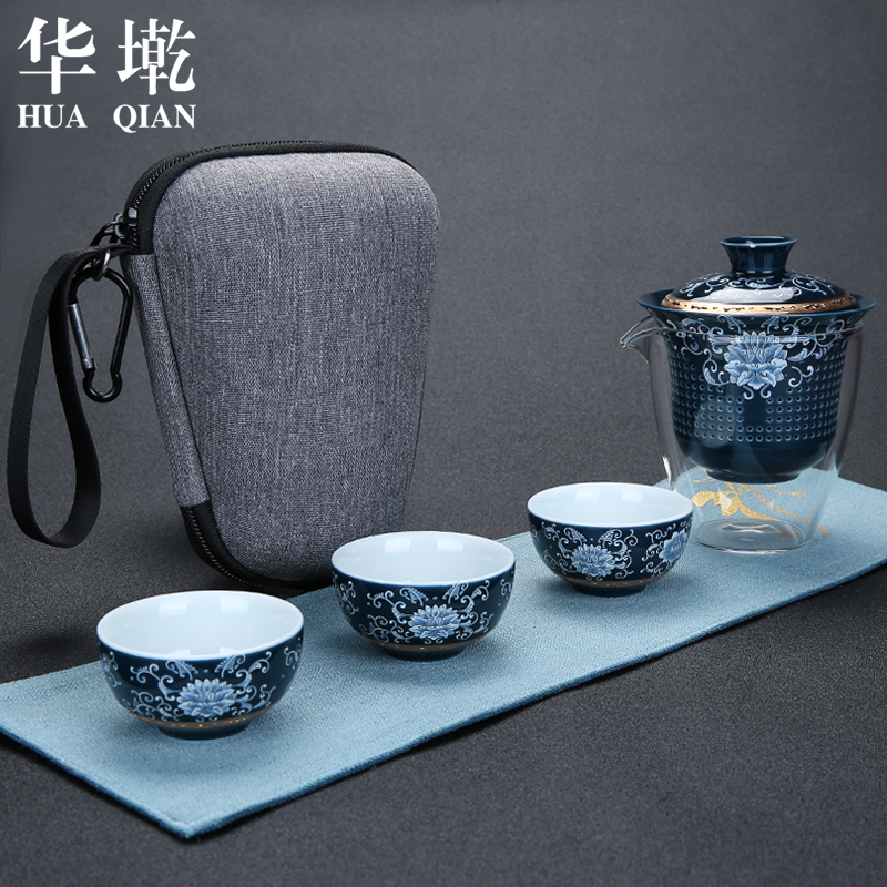 华墘便携式旅行茶具 整套青花瓷车载功夫茶具套装手绘描金品茗杯|msdalam kategori pinggan mangkuk, set teh, Kung Fu teh - dari Buy2taobao.com untuk memberikan perkhidmatan ejen Taobao profesional membeli