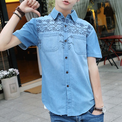2016夏季韩版男士牛仔短袖衬衫男薄款青少年