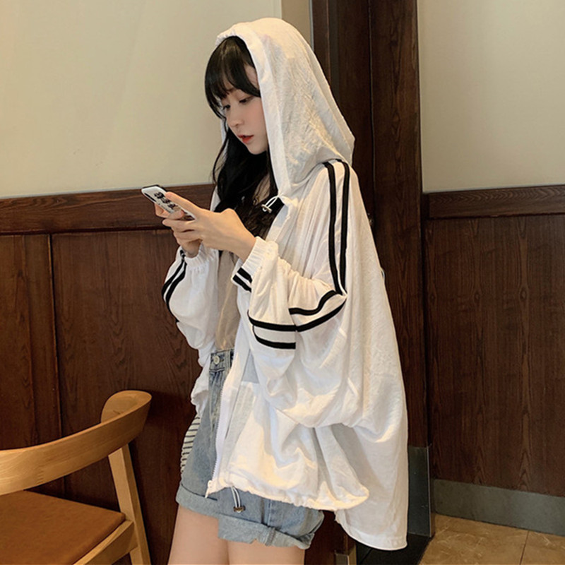 summer Korean Edition Easy Show thin Hooded Thin section Long sleeve Sunscreen Drawstring stripe Irregular jacket bf Wind Jacketin the Women's clothing/Boutique , Jacket category - from Buy2taobao.com to provide professional Taobao agent buy service