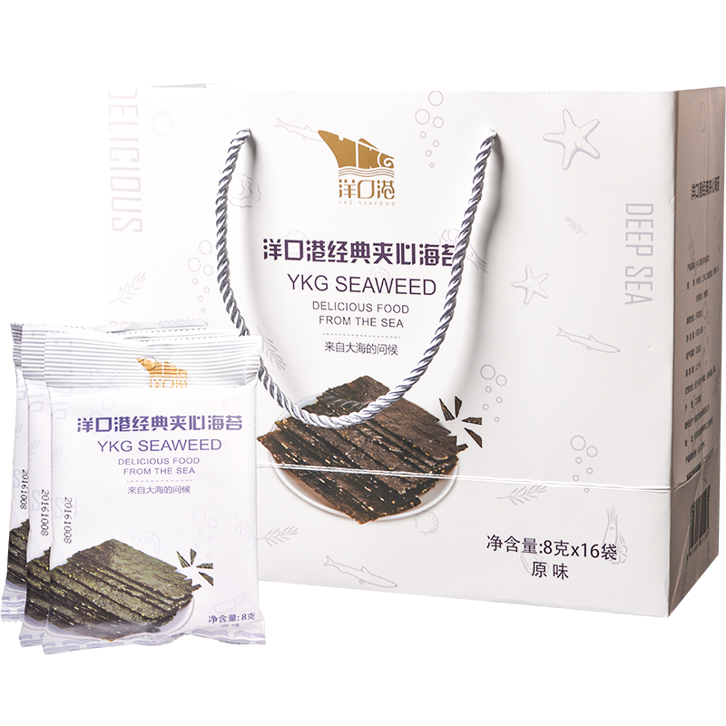 洋口港爽脆8gX16袋芝麻夹心海苔礼盒儿童休闲零食紫菜脆片|ruв категории водной мясо/свежие фрукты и овощи/еда, морепродукты/водные продукты/изделия, водоросли, порфира - от Buy2taobao.com для оказания профессиональной услуги покупки агента Taobao