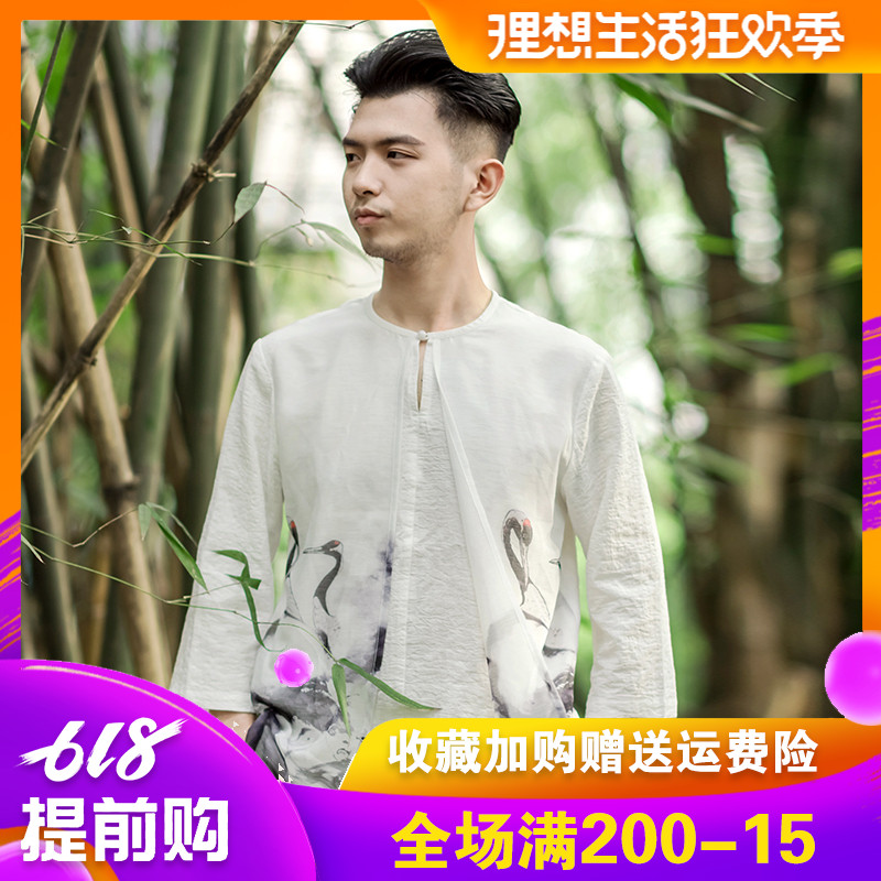 Chinese style A summer Cotton and hemp Red-crowned crane printing False two T-shirts Pullover Three Quarter Sleeve Buddhist moodin the Men's clothing, Sweater category - from Buy2taobao.com to provide professional Taobao agent buy service