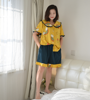 加肥大码彩虹睡衣女夏季薄纯棉开衫短袖短裤胖MM宽松家居服200斤