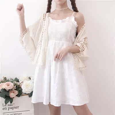 套装两件套洋气夏季女装日系甜美镂空蕾丝衫+高腰显瘦吊带连衣裙