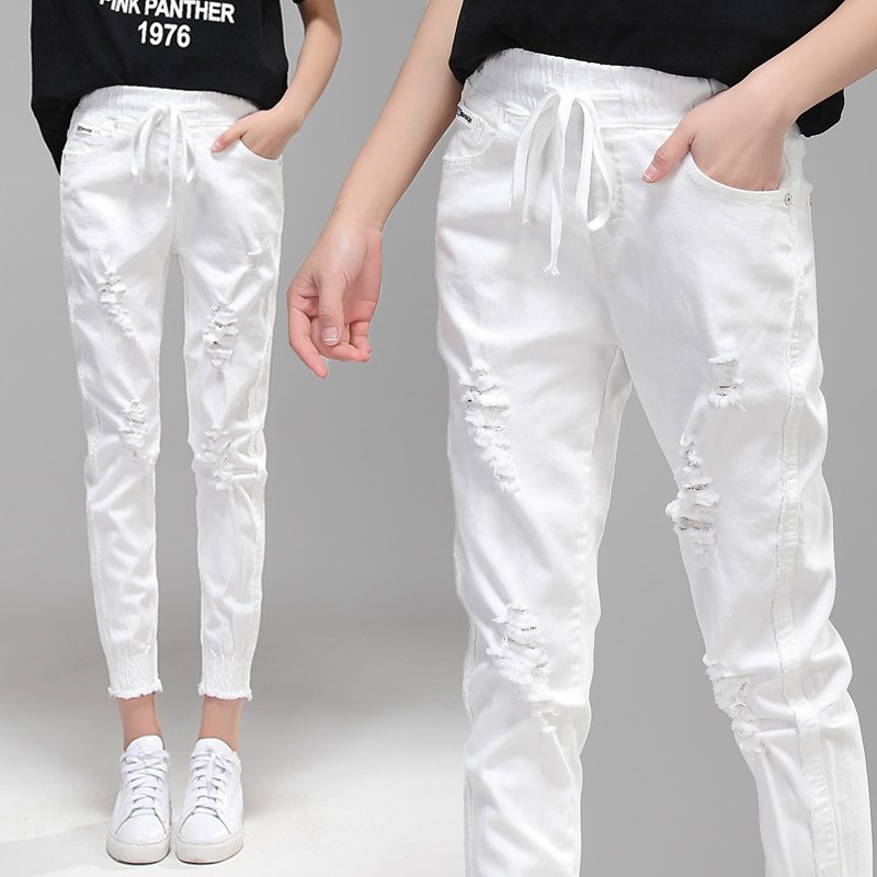 white hole Jeans Elastic waist Haren Ninth pants 2019 Spring and summer leisure time Easy Elastic force trousersin the Women's clothing/Boutique , Jeans category - from Buy2taobao.com to provide professional Taobao agent buy service