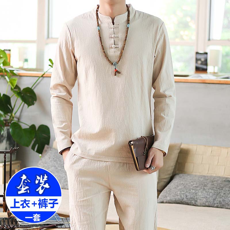 Tang costume Spring Flax Long sleeve trousers suit Chinese style Retro Stand collar Cotton and hemp Hanfu Youth men's wearin the Men's clothing, National costume category - from Buy2taobao.com to provide professional Taobao agent buy service