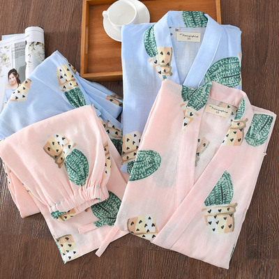 春秋季纯棉纱布睡衣女士日式和服全棉甜美宽松夏季韩版家居服套装