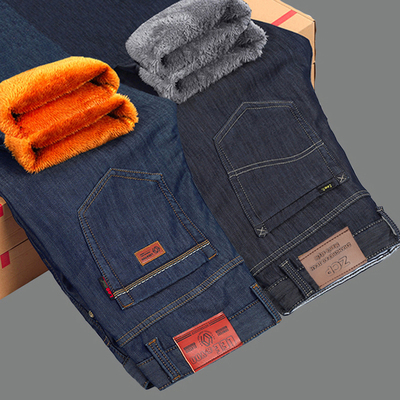 冬季加绒牛仔裤男直筒宽松青年加厚高腰黑色弹力大码保暖商务休闲