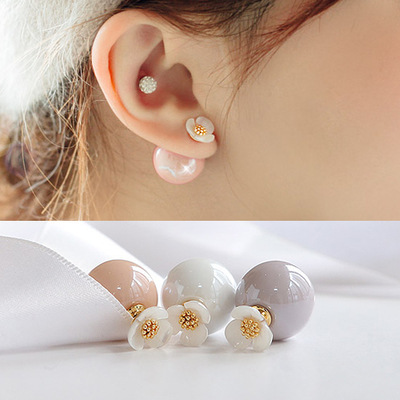 韩国双面大小珍珠S925银针耳钉气质百搭小清新贝壳花朵耳环耳饰女
