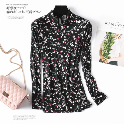 新春秋桑蚕丝真丝长袖打底衫女半高领印花针织衫t恤上衣大码衬衫