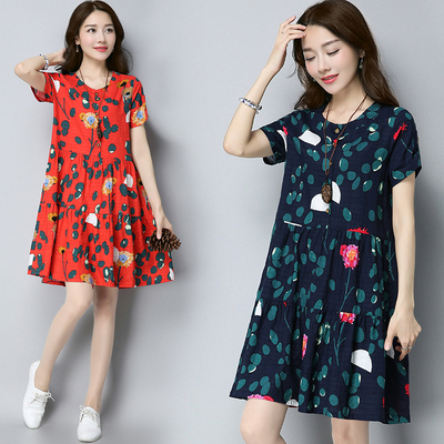短袖连衣裙女夏季新款民族风女装文艺棉麻印花宽松中长款A型裙子
