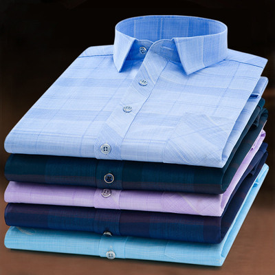 格子爸爸装纯棉衬衫男士中年免烫宽松全棉薄款中老年夏装长袖衬衣