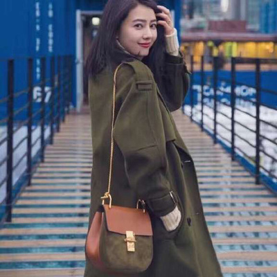 2016高圆圆同款双面羊绒大衣女韩版军绿色宽