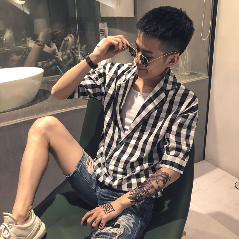 Metrosexual spirit Guy Short sleeved lattice shirt summer Korean Edition Self cultivation V-neck man leisure time Three Quarter Sleeve shirtin the Men's clothing, Shirt category - from Buy2taobao.com to provide professional Taobao agent buy service