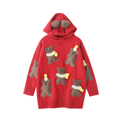 喜庆大红毛衣3D立体卡通小熊中长款连帽针织毛衣上衣外穿减龄穿搭