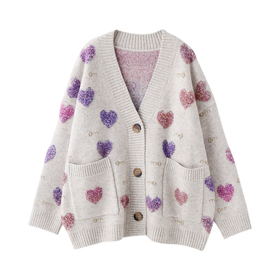 网红慵懒风梦幻针织开衫女植绒爱心刺绣毛衣双口袋减龄针织外套潮