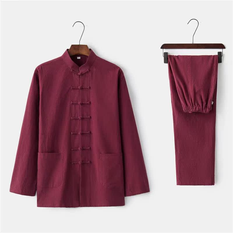Tang costume Long sleeve suit Middle and old age Cotton and hemp Hanfu Two piece set Chinese style Buddhist clothes meditation Flax Autumnin the Men's clothing, National costume category - from Buy2taobao.com to provide professional Taobao agent buy service