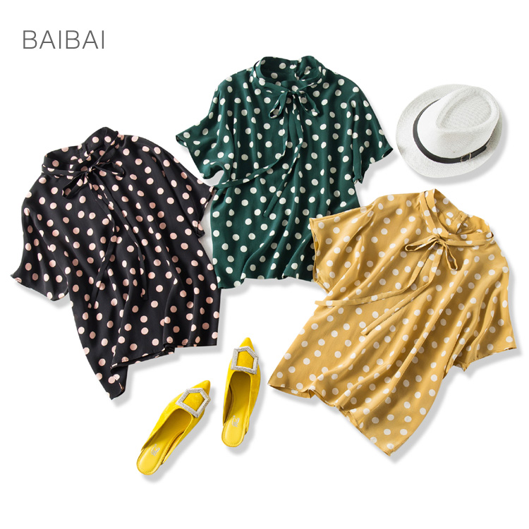 baibai 复古时尚 领口系带设计 波点印花宽松显瘦真丝短袖衬衫女|ruв категории Женская одежда, рубашка - от Buy2taobao.com для оказания профессиональной услуги покупки агента Taobao