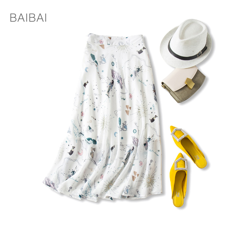 baibai 北欧风 白底艺术印花 高腰显瘦A字半身裙中长裙|msdalam kategori Butik wanita / wanita, skirt - dari Buy2taobao.com untuk memberikan perkhidmatan ejen Taobao profesional membeli