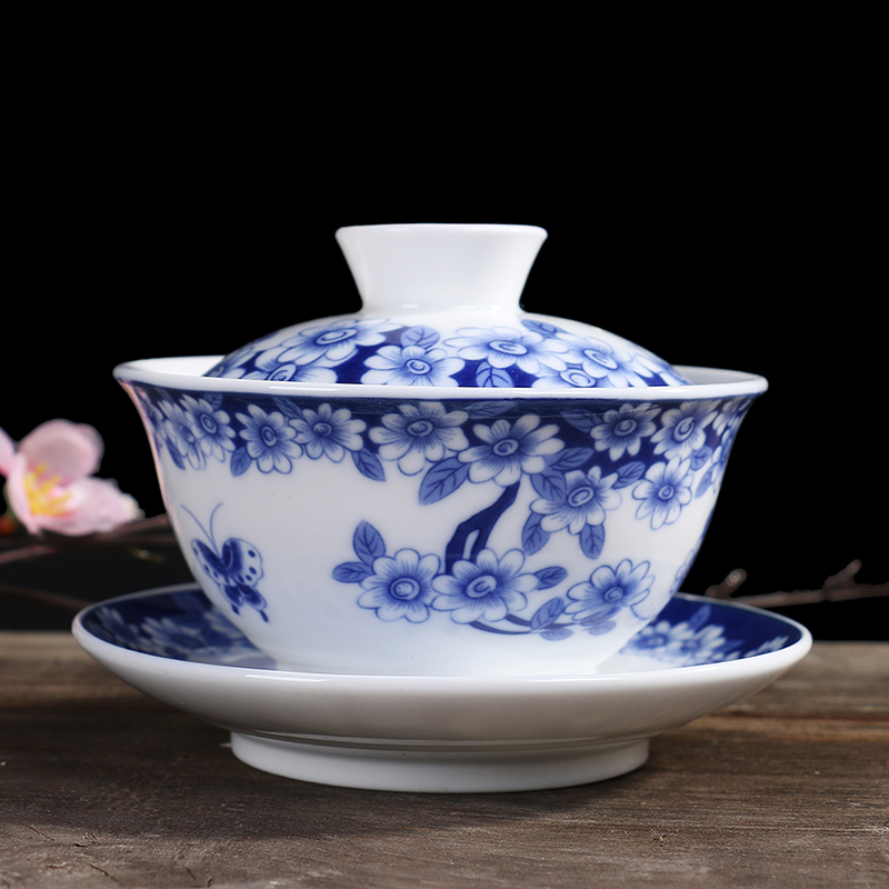Blue and white tea set Butterflies Teacup Kungfu Online tea set Three talents Cover bowl ceramics Teacup teacupin the Tableware , Tea set , Tureen category - from Buy2taobao.com to provide professional Taobao agent buy service