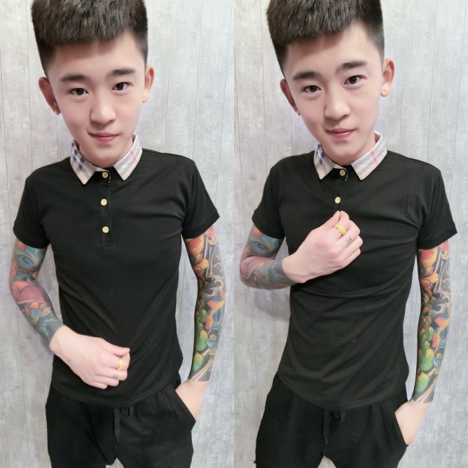 社会精神小伙翻领半袖打底衫潮韩版快手红人同款潮男修身短袖T恤|ruв категории Мужская одежда, футболка - от Buy2taobao.com для оказания профессиональной услуги покупки агента Taobao