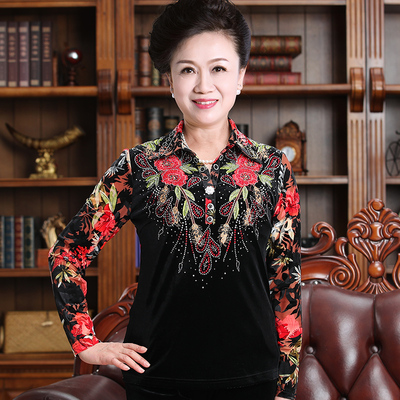 一品奴加肥加大中老年翻领丝绒上衣 妈妈衬衫女大码长袖春装 洋气