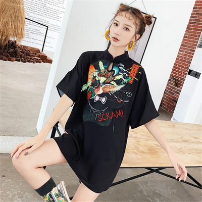 新式旗袍改良版宽松大码中国风复古年轻款少女蚀骨卡通印花连衣裙