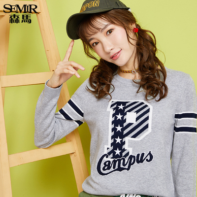 森马官方旗舰店女士保暖毛衣套头条纹绣花毛衫针织衫韩版潮