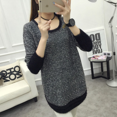 新款韩版圆领针织衫宽松显瘦加厚大码女装外套中长款 套头毛衣 女