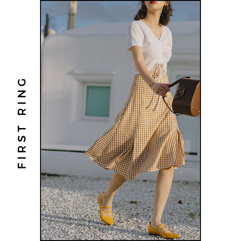 First Ring 黄色格子半身裙中长款a字裙|msdalam kategori Butik wanita / wanita, skirt - dari Buy2taobao.com untuk memberikan perkhidmatan ejen Taobao profesional membeli