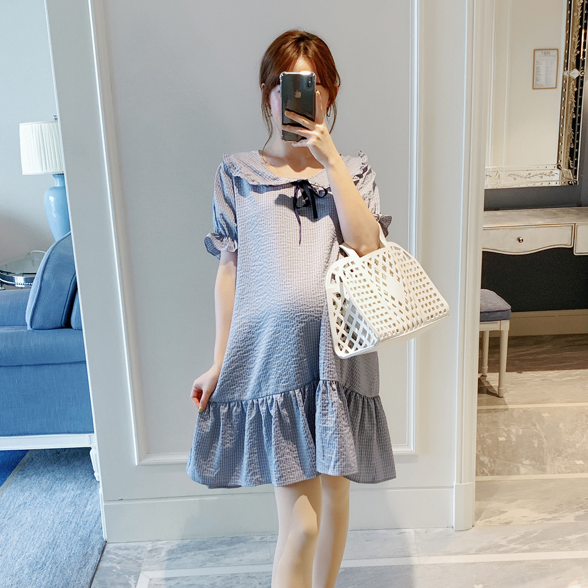 孕妇春装裙子2019新款时尚宽松韩版短袖系带格子翻领荷叶边连衣裙在类目 孕妇装/孕产妇用品/营养, 孕妇装, 连衣裙中 - 来自Buy2taobao.com提供专业的淘宝代购服务