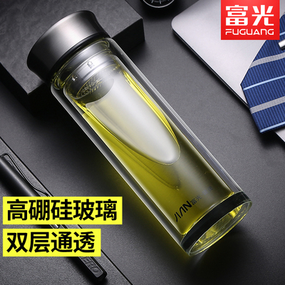 富光双层水晶玻璃杯男高档便携车载水杯办公带盖茶杯耐热加厚杯子
