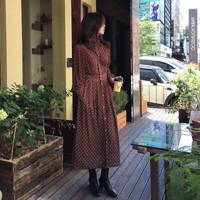 2020新款早春季女装潮黑色波点雪纺连衣裙长袖中长款复古衬衫裙子