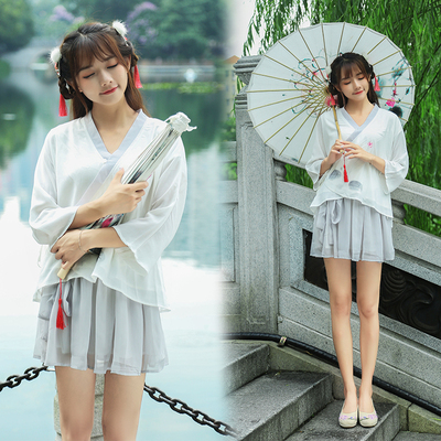 2017夏装新款汉服两件套女装小清新雪纺印花交领上衣短裤裙两件套