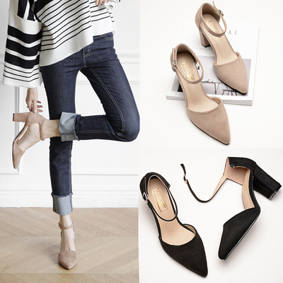 小清新高跟鞋女夏尖头粗跟一字扣带中空单鞋女中跟春韩版小码女鞋