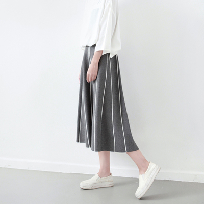 LILI EDIT/中长款高腰松紧腰宽松条纹针织A型半身裙秋冬款女2016