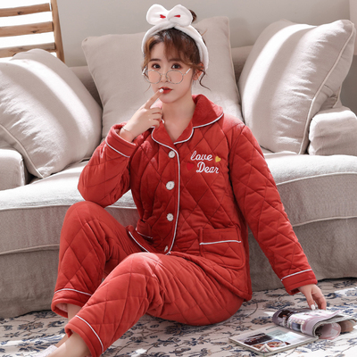 睡衣女冬季三层加厚法兰绒睡衣套装秋冬天保暖珊瑚绒夹棉袄家居服