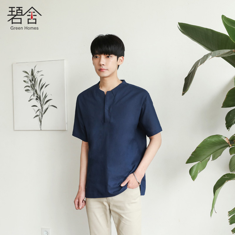 Bi homes 2019 summer new pattern Flax T-shirt fashion Trend Youth Cotton and hemp Short sleeved T-shirt Easy Stand collar Korean Editionin the Men's clothing, T-shirt category - from Buy2taobao.com to provide professional Taobao agent buy service