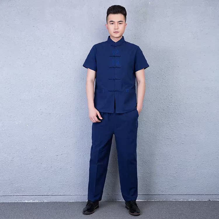 2018 new pattern Short sleeved Tang costume Chinese style Stand collar Embroidery Chinese style Zanglan Cotton and hemp jacket trousers suitin the Men's clothing, National costume category - from Buy2taobao.com to provide professional Taobao agent buy service