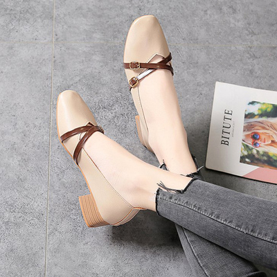 女鞋2020春季新款方头交叉绑带奶奶鞋女粗跟平底鞋玛丽珍浅口单鞋