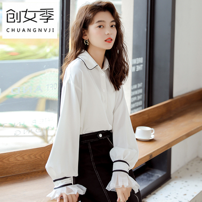 白色衬衫女装2019秋季新款设计感小众长袖衬衣复古港味喇叭袖上衣