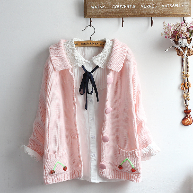 2018 Autumn new pattern solar system Sweet Soft sister Doll collar Cherry crochet Double pockets Easy knitting sweater Cardiganin the Women's clothing/Boutique , Sweaters category - from Buy2taobao.com to provide professional Taobao agent buy service