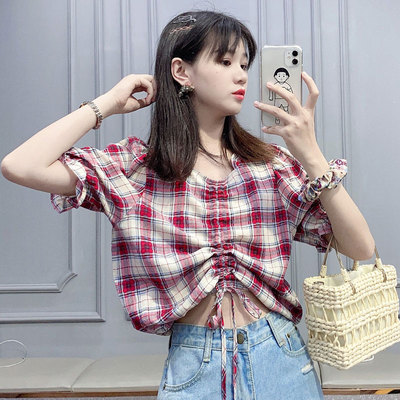 酷伽夏季小清新甜美短袖小衫格子衬衫百搭简约泡泡袖上衣女1525