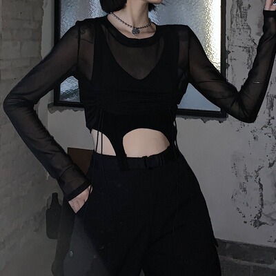 夏季韩版原宿暗黑薄款长袖T恤上衣+短款露脐吊带背心马夹女学生潮