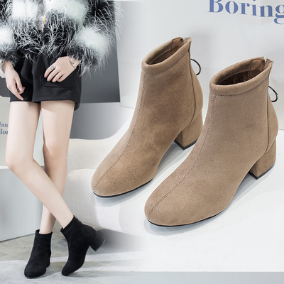 马丁靴女2018新款冬季绒面粗跟中跟靴子女时尚圆头成熟气质短靴女