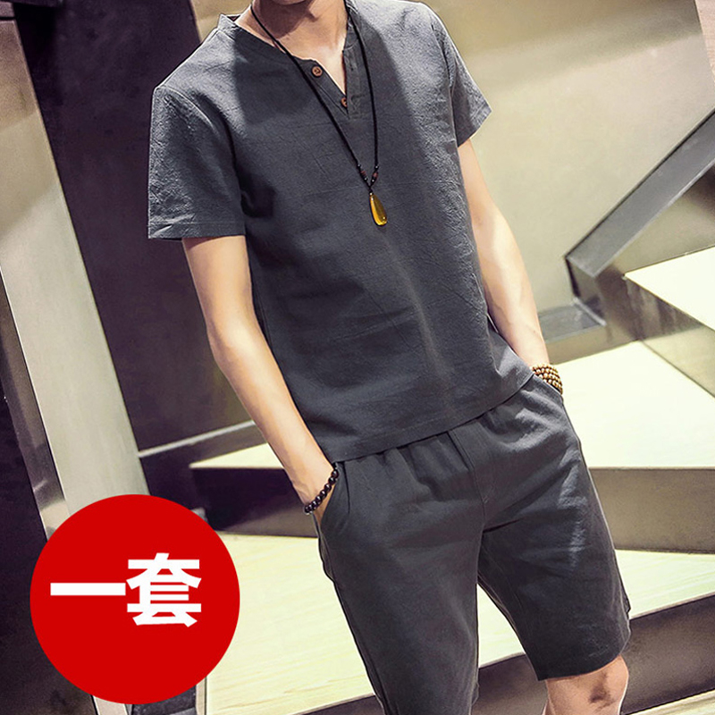 夏季中年运动套装男爸爸装潮流韩版棉麻衣服休闲亚麻短袖短裤两件|ruв категории Мужская одежда, костюм, досуг, спортивный костюм - от Buy2taobao.com для оказания профессиональной услуги покупки агента Taobao