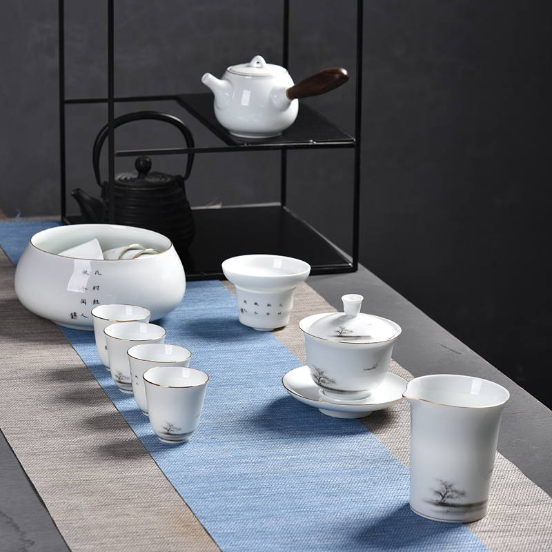 白玉瓷山水功夫茶具套装家用陶瓷办公泡茶整套茶壶茶杯礼品盖碗|ruв категории посуда, чайный сервиз, кунг - Фу, чайный сервиз - от Buy2taobao.com для оказания профессиональной услуги покупки агента Taobao
