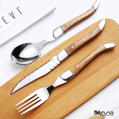 不锈钢西餐牛排刀叉勺西餐具金丝柚木不锈钢复古木柄餐具304刀叉