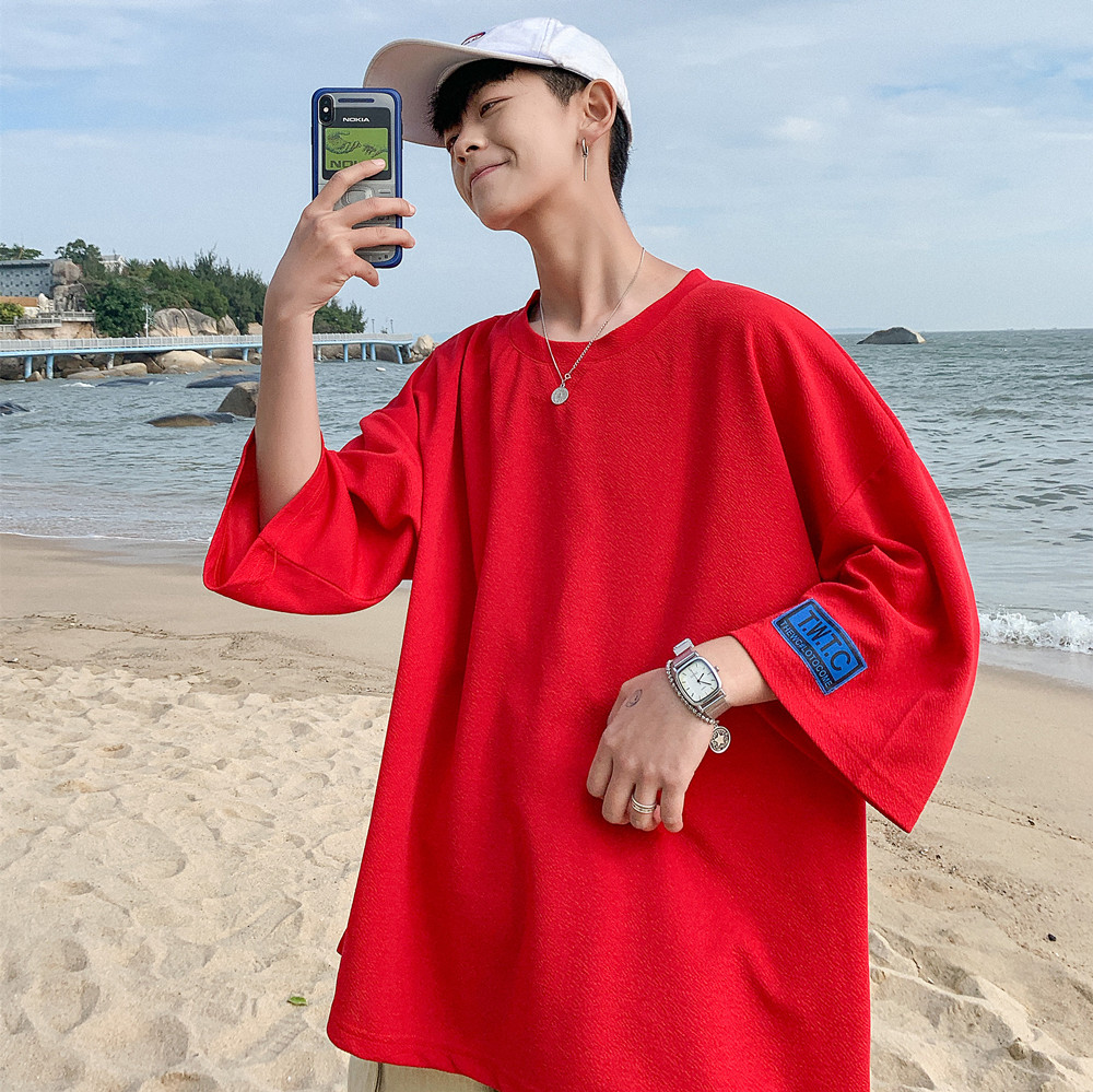 summer Solid personality letter printing Three Quarter Sleeve T-shirt leisure time Korean Edition Trend Easy Nine points Short sleevedin the Men's clothing, T-shirt category - from Buy2taobao.com to provide professional Taobao agent buy service