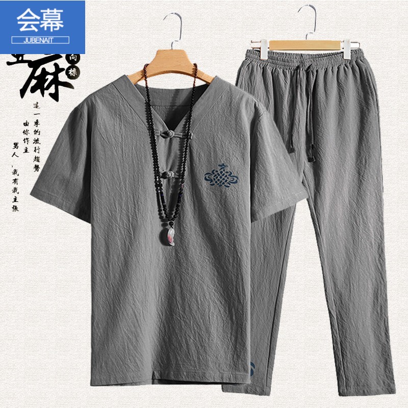 夏季亞麻套裝男中老年短袖t恤寬松爸爸男裝棉麻運動套裝爺爺衣服在類目 男裝, T恤中 - 來自Buy2taobao.com提供專業的淘寶代購服務